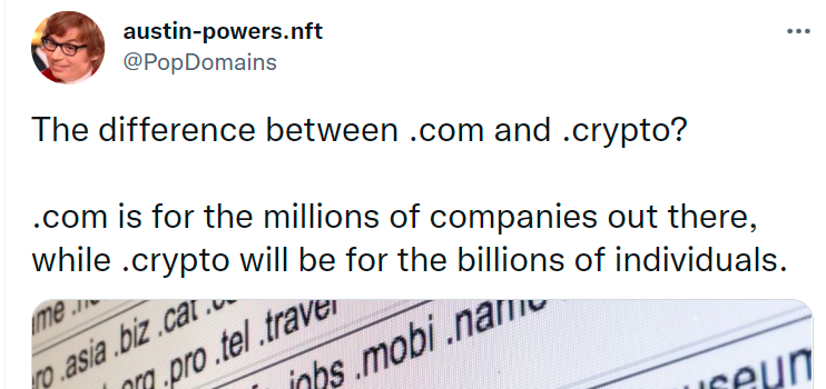 CoinMystic's tweet photo. The difference between .com and .crypto?
.com is for the millions of companies out there, while .crypto will be for the billions of individuals in #web3 #Metaverse  #MetaEmbassy https://t.co/LeaXDRLED3