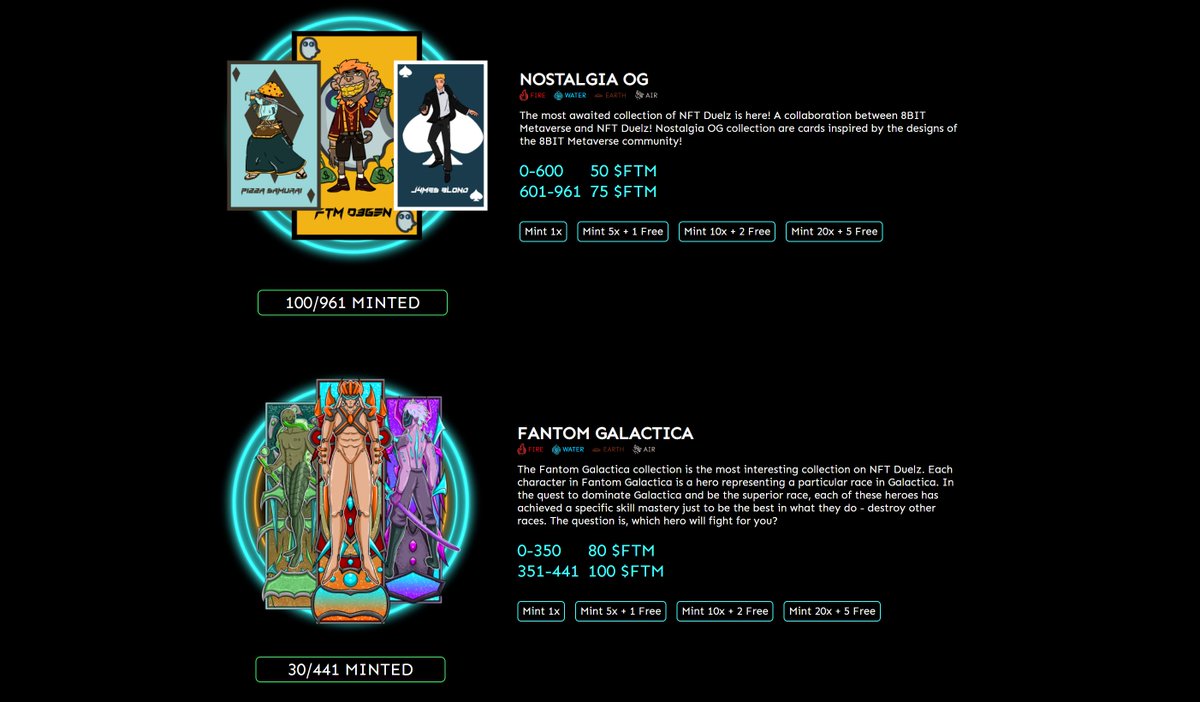 Two new <a href="/NFTDuelz/">NFT Duelz</a> collections have been added over at nftduelz.games where V2 is now live 🎉🃏🥊

Deck of 5 to play but w/ elemental advantages kicked in we could see value in individual cards 👀

Strong @8bitnostalgiart connections! #Nostalgia

$FTM #Fantom #NFT #GameFi