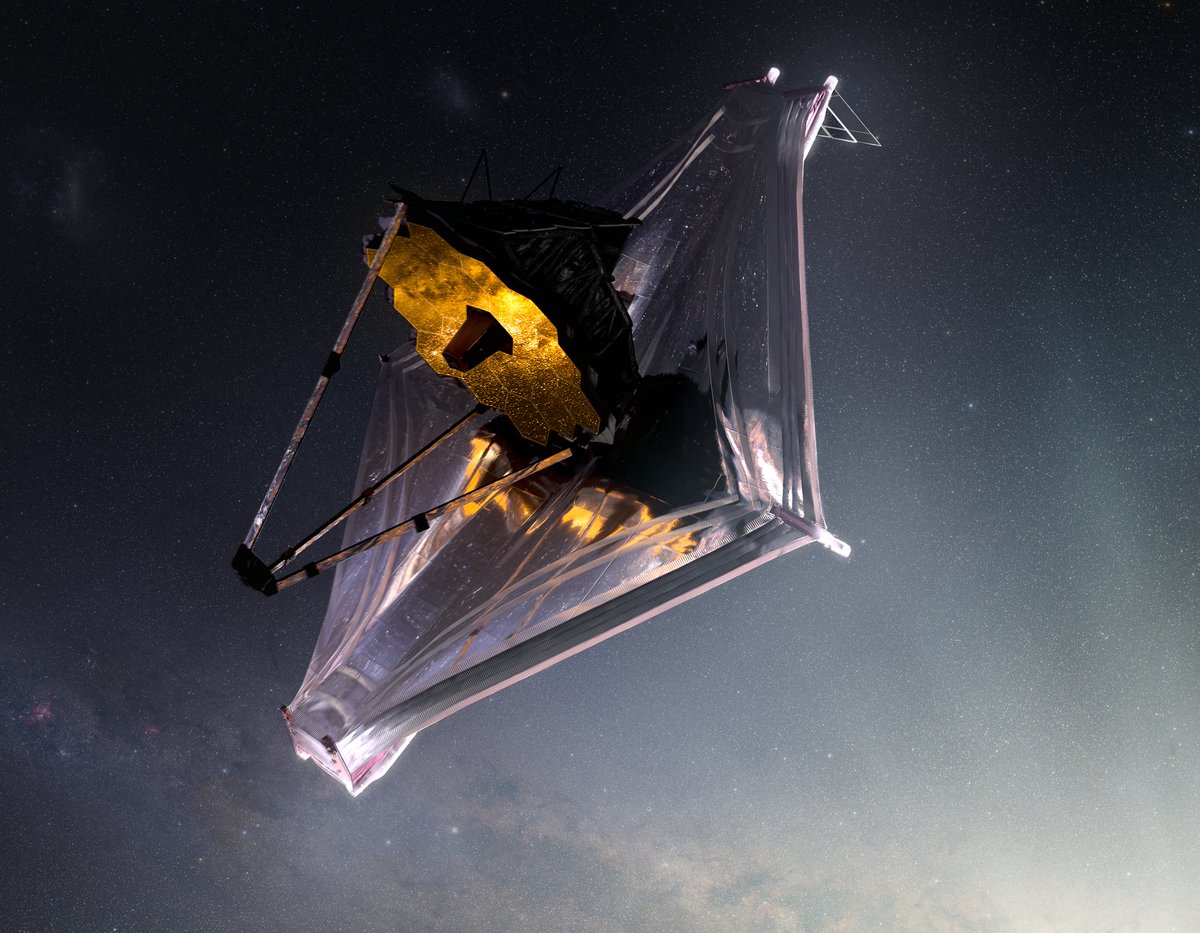 Illustration of the James Webb Space Telescope, side view, on a dark galactic background with light radiating from the bottom right corner