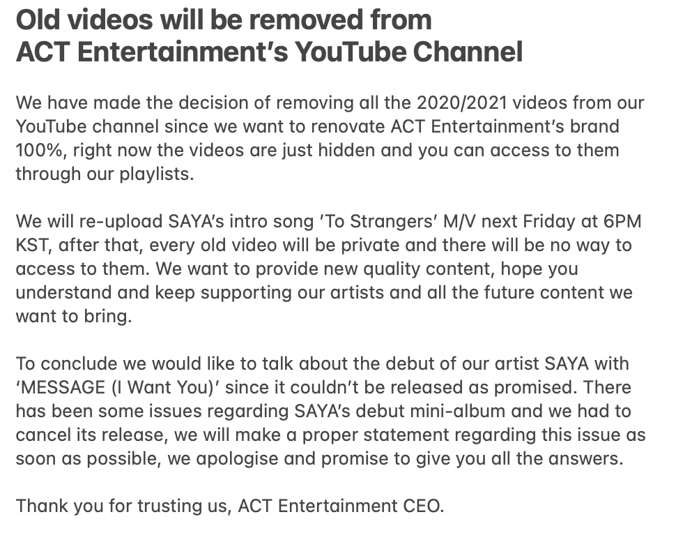 A_C_T_Ent's tweet photo. Old videos will be removed from ACT Entertainment's YouTube Channel. https://t.co/7e1BhAVT10