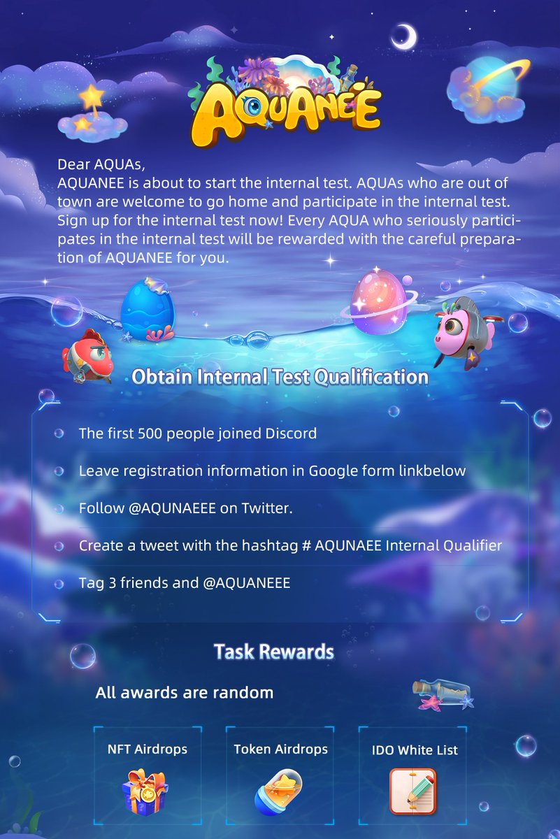 Sign up for the #AQUANEE internal test now! 📢
Check the poster for obtaining internal test qualification!
🎁NFT Airdrops
🎁Token Airdrops
🎁IDO White list
All awards are random! 🪙
Join Discord: discord.gg/Sdg6ByVUXm
Google form: docs.google.com/forms/d/e/1FAI…
