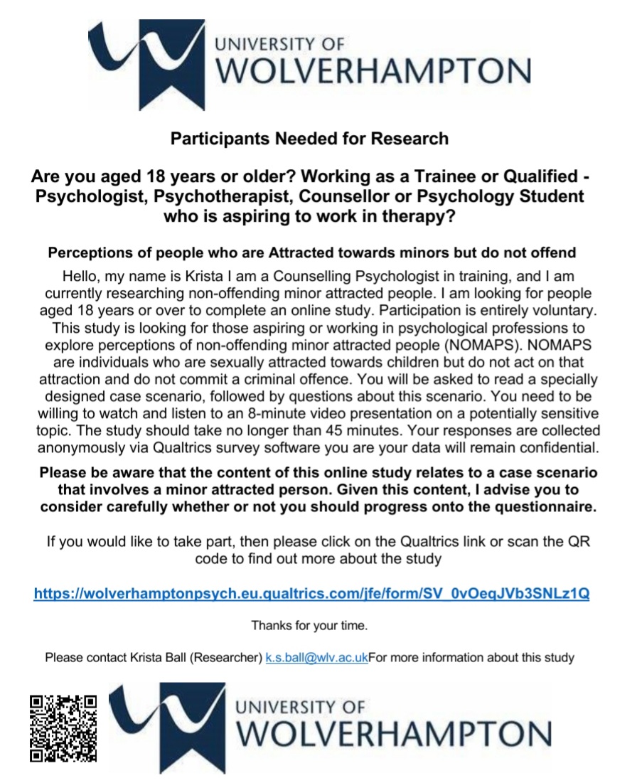 kristaball75's tweet photo. Are you 18+, aspiring or working in a  Psychological profession? My online research  is Exploring Perceptions of People who are Attracted Towards Minors but do not Offend. Please see the information below, click on the link to take part. Please RT

https://t.co/ZWLbJxl8QB https://t.co/hgR7jMxdYm
