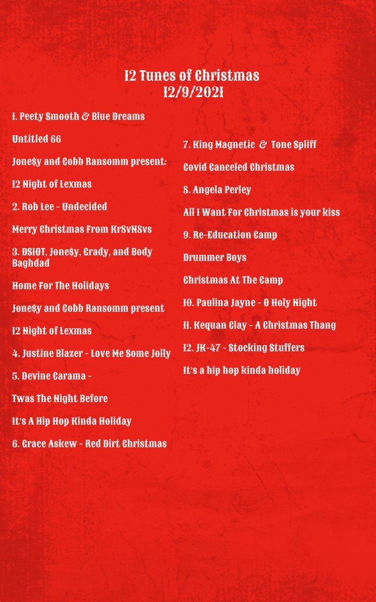 12 tunes of Christmas for 12/9 featuring <a href="/Peetysmooth/">Peetysmoothbeats</a>, @RobLeeMusic88 <a href="/DS10t2017/">DS10t</a>, <a href="/grady910/">Grady</a>, <a href="/JonesyCreates/">Jonesy/Sweetboy</a>, <a href="/JustineBlazer/">Justine Blazer</a>, <a href="/DevineCarama/">Devine Carama</a>, <a href="/GraceAskew/">Grace Askew</a>, @angelaperley, <a href="/ReEducationCmp/">Re-Education Camp</a>, <a href="/PaulinaJayne/">Paulina Jayne</a>, Kequan Clay, and JK-47. This Thursday at 7 pm eastern. tmvcafe.com