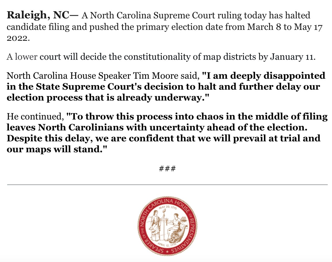 RepTimMooreNC's tweet photo. NC Supreme Court Delays Primaries Until May 2022: https://t.co/v4hdkttUlh #ncpol #ncga #nccourts #ncmaps https://t.co/ZiARD5CWjU