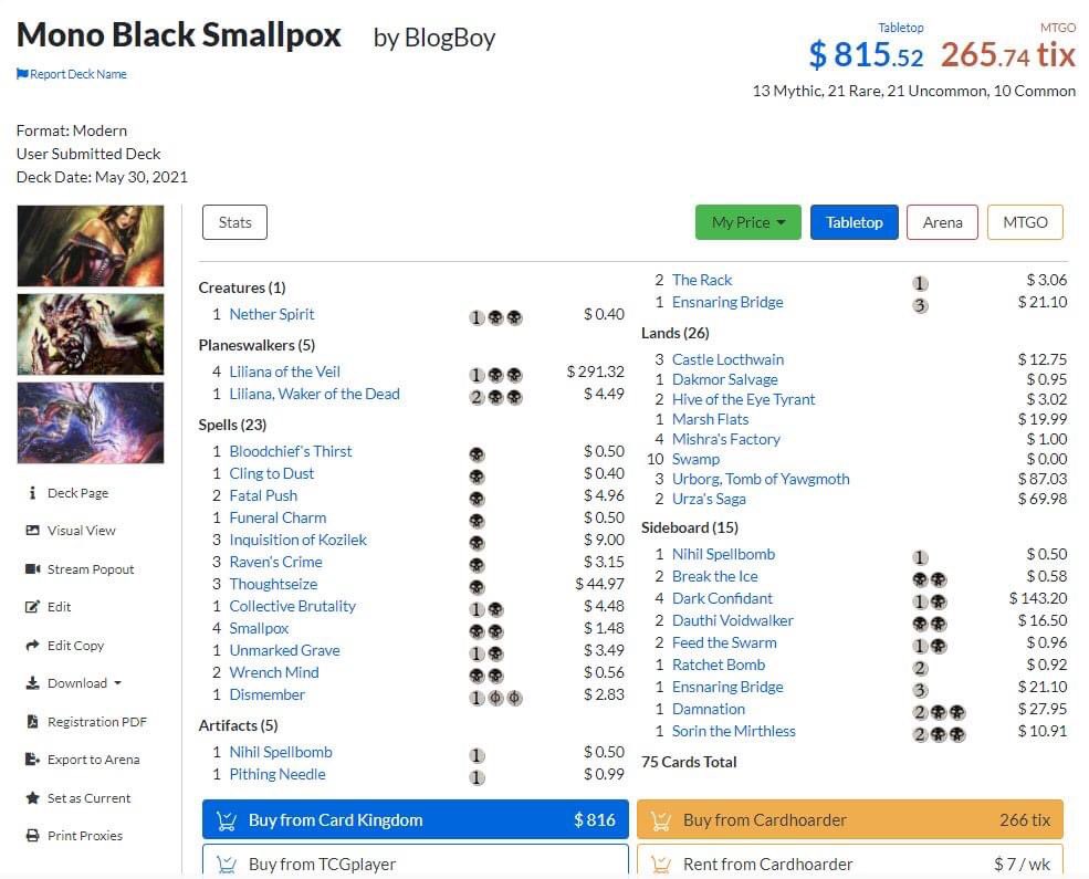 BlogBoy92's tweet photo. Think I’ll probably be going for this than the Rack variant I was on for Modern. Cutting a couple racks to play a better long game so now I name it Mono Black Smallpox #mtg #MagicTheGathering #8rack #lilianavess #planeswalker https://t.co/8RZoJ1FJ0x
