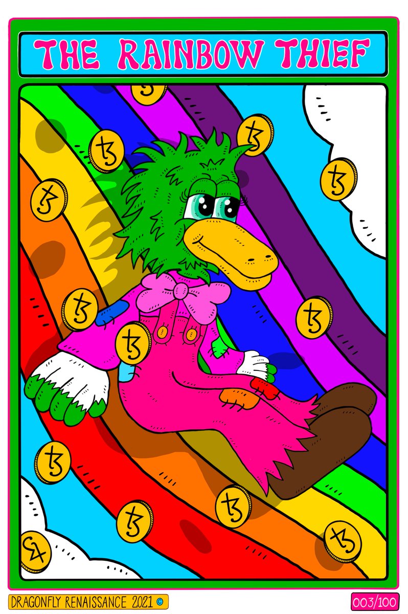 Little teaser for my two newest #NFT cards in the Dragonfly Renaissance Collection! KeyMaster Charlie 002 and The Rainbow Thief 003 ! still 77 to go!
Both will available on #hicetnunc  and #OBJKT this week :) #CleanNFT #DragonflyRenaissance