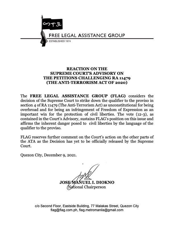 Free Legal Assistance Group, one of the petitioners, says unconstitutional part of Sec 4 is “an important win for the protection of civil liberties" | <a href="/anjocalimario/">Anjo Cagmat Alimario</a>