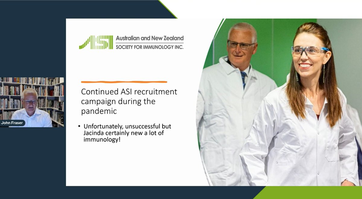 ASImmunology's tweet photo. The Past-President's Lecture has started. Despite the pandemic Prof John Fraser @AucklandUni has had a very successful term. He's been busy recruiting new members too, unfortunately @jacindaardern didn't sign up! #ASI2021Online #ASImmuno #IAmAnImmunologist https://t.co/uM1IEUhSrq