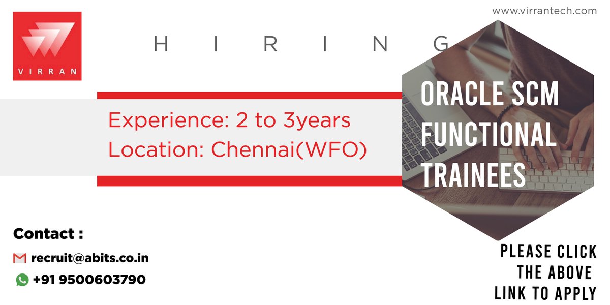 virrantech's tweet photo. Hiring Oracle SCM Functional Trainees

 Experience: 2 to 3 years

 Location: Chennai(WFO)

 Job Type: Permanent  
 Qualification- UG Adequate and PG Preferred
Link: https://t.co/Im4juc6ewK

#VirranTechSolutions #Oracle #OracleSCMFunctionalTrainee  #ExtendedCapabilities #business https://t.co/OBbfOG2rPe