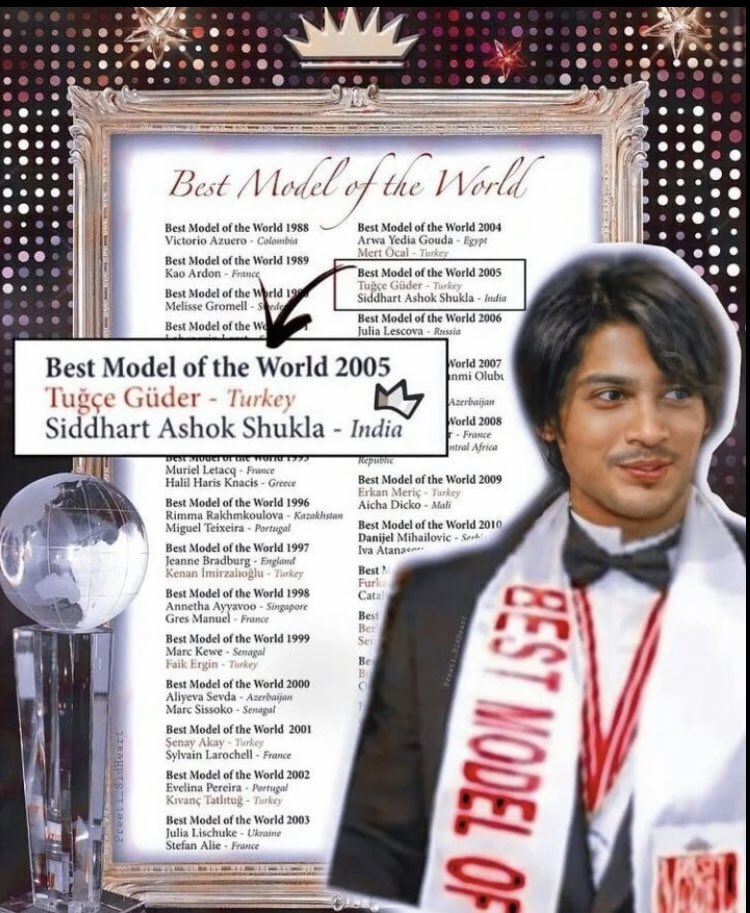DubaiSidhearts's tweet photo. Proudly remembering & cherishing our heartthrob @sidharth_shukla when this day (09 Dec) in 2005 a simple mumma’s boy not only bcame 1st Indian bt 1st Asian to beat contestants from 40 countries across Asia, Latin America, Europe & won #WorldBestModel title.
💖 U #SidharthShukla👑 https://t.co/dXh5IYPk84