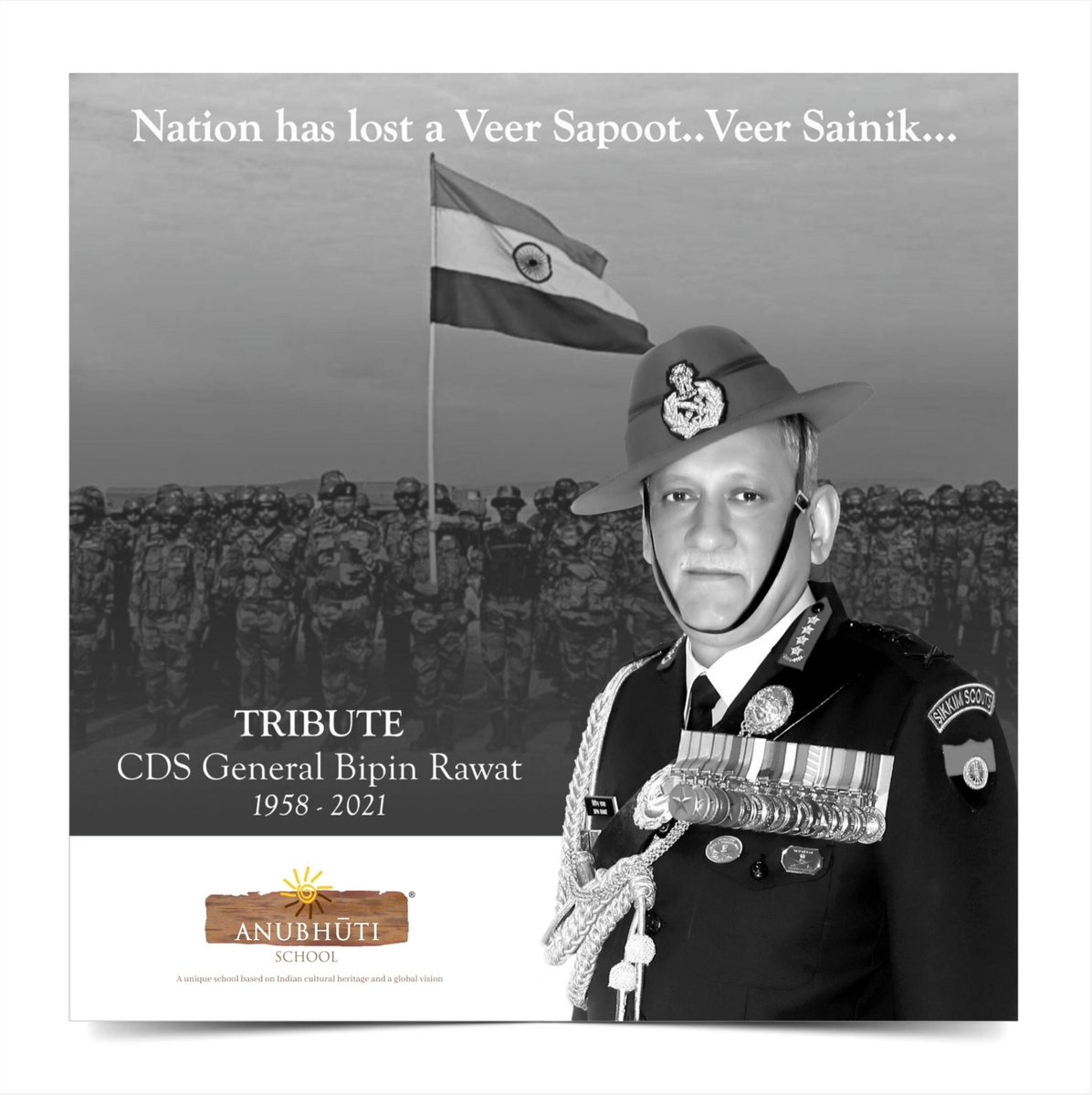 anubhutischool's tweet photo. Heartfelt condolences on the sad demise of CDS Gen. Bipin Rawat, his wife Madhulika Rawat and other personnel of the Armed Forces onboard the helicopter.

May they all rest in peace.

#TributeToBipinRawat
🙏🙏🙏 https://t.co/AHMCtSiFRb