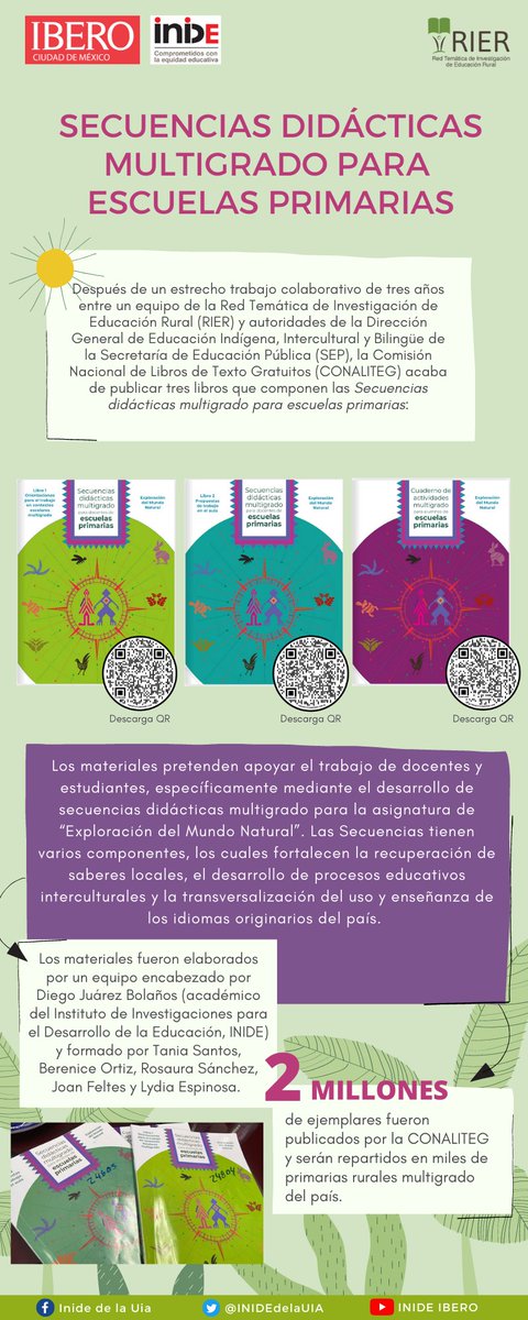 INIDEdelaUIA's tweet photo. #INIDEvisual |👁️Un equipo de la @RIERMX, encabezado por Diego Juárez Bolaños, construyó los materiales "Secuencias didácticas multigrado para escuelas primarias". La @Conaliteg imprimió 2 millones de ejemplares que serán distribuidos por todo el país.📗📘📙
#CompromisoINIDE https://t.co/oomh4FVq3w