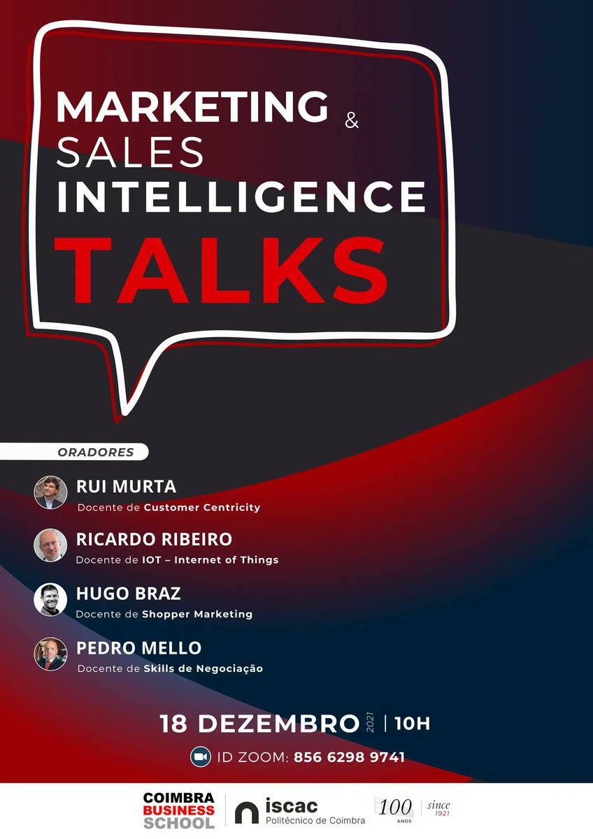 SalesEcosystems's tweet photo. 🔔 Marketing &amp; Sales Intelligence Talks 
📆 18 Dezembro 2021 🕙 10 horas

Que duvidas gostaria de ter esclarecidas sobre o futuro do Marketing e das Vendas?
Junte-se a nós através de: https://t.co/DwcK5g9PDc

#salesecosystems #marketing #sales #coimbrabusinessschool #posgraduacao https://t.co/nIz8aUAkOk