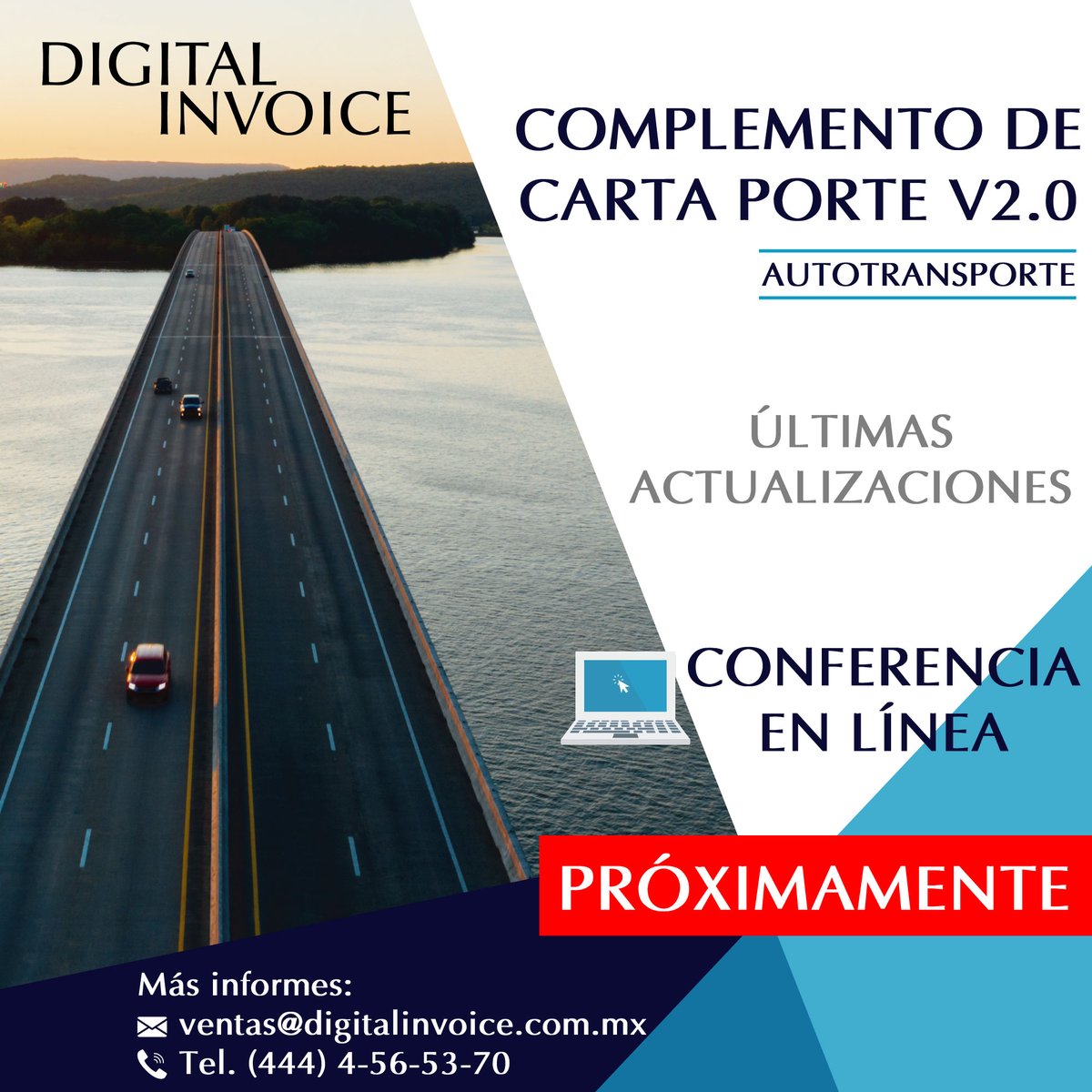 digitalinvoice's tweet photo. Digital Invoice trae para ti su conferencia en línea "Carta Porte V2.0 para Autotransporte".
¿Te interesa?
Solicita más informes a los siguientes contactos:
📧 ventas@digitalinvoice.com.mx
📞 Tel. (444) 4-56-53-70
💻 https://t.co/WZJ25PUzDL
#CartaPorte #SAT #CFDI #Complemento https://t.co/Rr0A1zqHLM