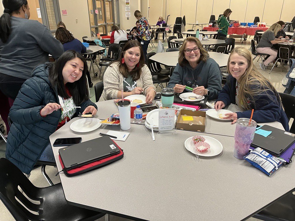 wellstigers's tweet photo. Cookie decorating at Wells staff meeting was super fun! One winner for prettiest sweater (to Kayla Janik) and ugliest sweater cookie ( to Ashley Brumbelow) #planoisd @SaraMeyer7ut @Lavadonley https://t.co/MgpfY7itZu