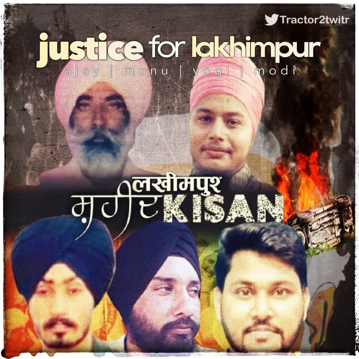 Tractor2twitr's tweet photo. 4 farmers &amp; a journalist were brutally mowed down by son of @ajaymishrteni &amp; @myogiadityanath govt wants to hide it under carpet.
We’ll keep on raising our voices till culprits are thrown behind bars.

#Justice4LakhimpurFarmers https://t.co/6WRd3moDvx