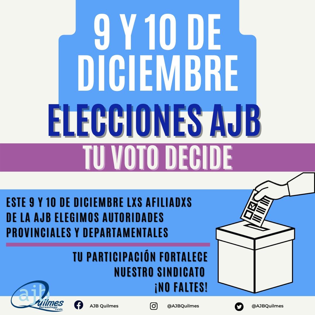 #Elecciones #AJB
Este 9 y 10 de diciembre acércate a la urna que te corresponda a fin de emitir tu voto.
¡Tu participación es importante!