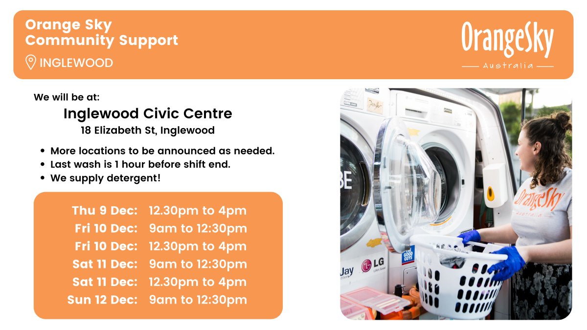 Help us spread the word! Free laundry and conversation available in Inglewood for anyone impacted by flooding. Our first shift is today at 12.30pm, and we'll continue to provide updates on our Facebook page if anything changes. bit.ly/3rOYo0w #OrangeSky