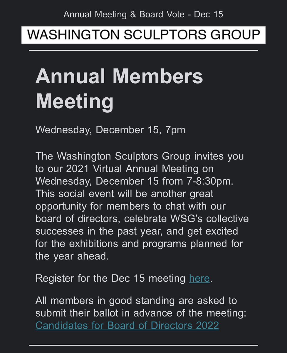 _homemaker's tweet photo. WSG invites you to our 2021 Virtual Annual Meeting on Wed, Dec 15 from 7-8:30pm. Great for members to chat with our board, celebrate WSG’s successes, & get excited for exhibitions & programs for the year ahead. Link in your emails from WSG! @dcsculptors #washingtonsculptors https://t.co/mBzRoh557p