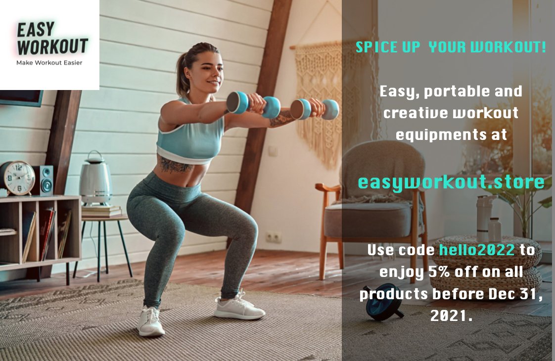 EasyWorkout3's tweet image. SPICE UP YOUR WORKOUT! 
Easy, portable and creative #workoutequipments at easyworkout.store
Use coupon code hello2022 to get 5% off on ALL products!
#workoutathome #homeworkout #easyworkout #shapeyourbody #workoutmotivation #gmylife #keepfit #loseweight #workouttips #Coupon