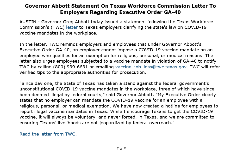GregAbbott_TX's tweet photo. Since day one, Texas has taken a stand against the federal government's unconstitutional COVID-19 vaccine mandates.

We have now created a hotline for Texas employees to report illegal vaccine mandates.

The COVID-19 vaccine will always be voluntary &amp; never forced in Texas. https://t.co/OpOIjKnuGF