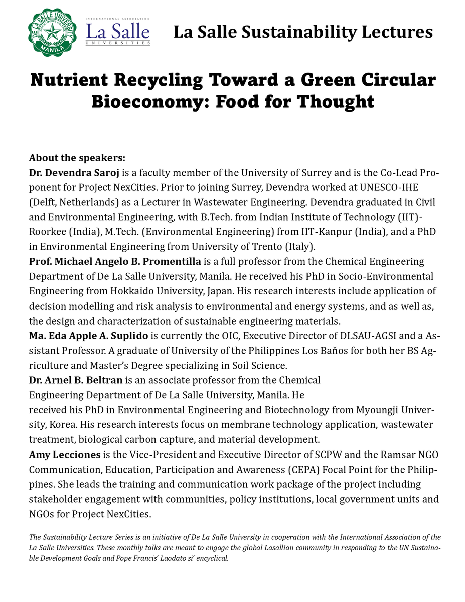 NexCities's tweet photo. Get to know more about the NexCities Project, at the De La Salle Sustainability Lectures on December 15, 2021 at 6:00PM. 

To register, please go to: https://t.co/FNOhB52tt0

#sanitation #water #fertiliser #nexcities #projectnexcities #newtonfund #newtonprize https://t.co/8HvMcQLeGJ
