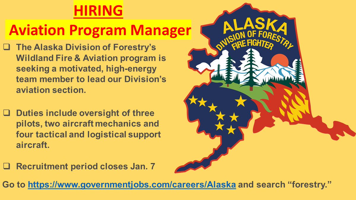 AK_Forestry's tweet photo. The Alaska Division of Forestry’s Wildland Fire & Aviation program is seeking a motivated, high-energy team member to lead our Division’s aviation section🛩️🚁 Go to https://t.co/5IefdO9IJz for more information and to apply.
#WildlandFire #TeamDOF https://t.co/Ac7ICNGoUK