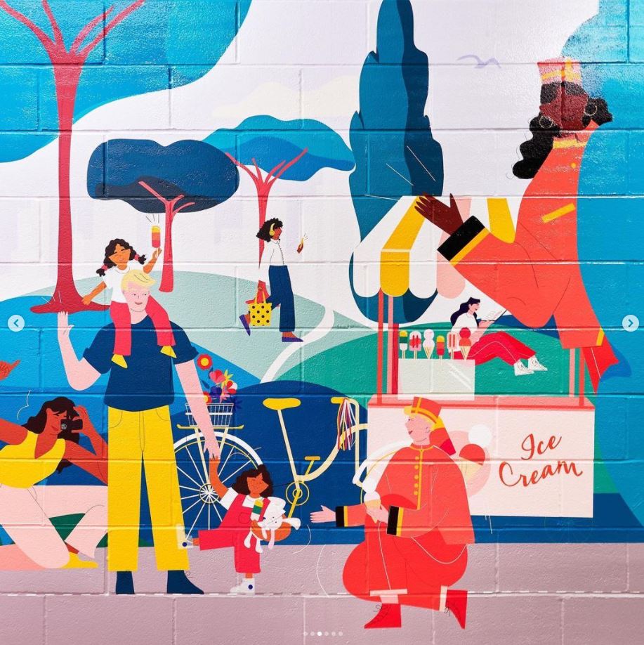Hines's tweet photo. 'Life at The Square’ by @racheljoanis, a Toronto graphic designer and illustrator, showcases the every day and night at @cibcsquare. The mural reflects the community members and guests that come to work, connect and enjoy. 
@IC_Comms #Hines #CIBCSQUARE https://t.co/YwQL1CzdEu