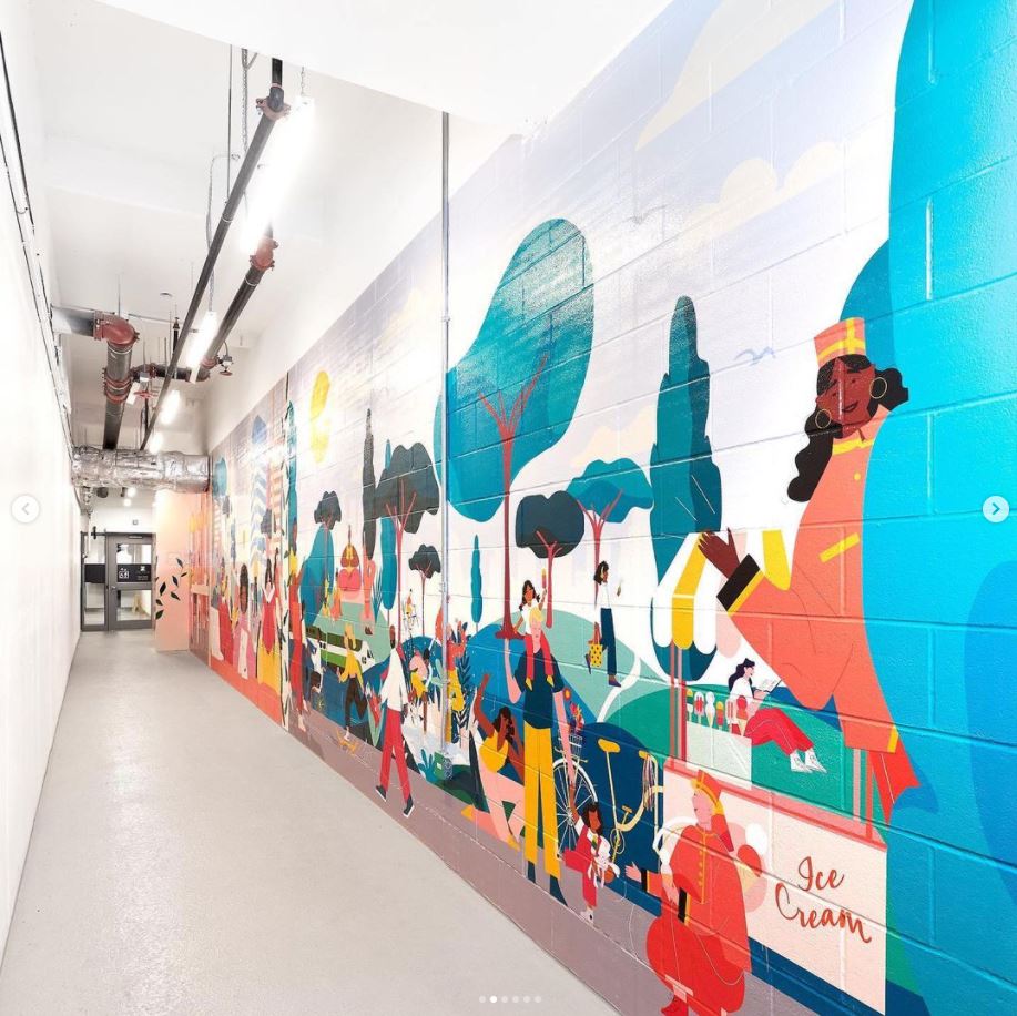 Hines's tweet photo. 'Life at The Square’ by @racheljoanis, a Toronto graphic designer and illustrator, showcases the every day and night at @cibcsquare. The mural reflects the community members and guests that come to work, connect and enjoy. 
@IC_Comms #Hines #CIBCSQUARE https://t.co/YwQL1CzdEu