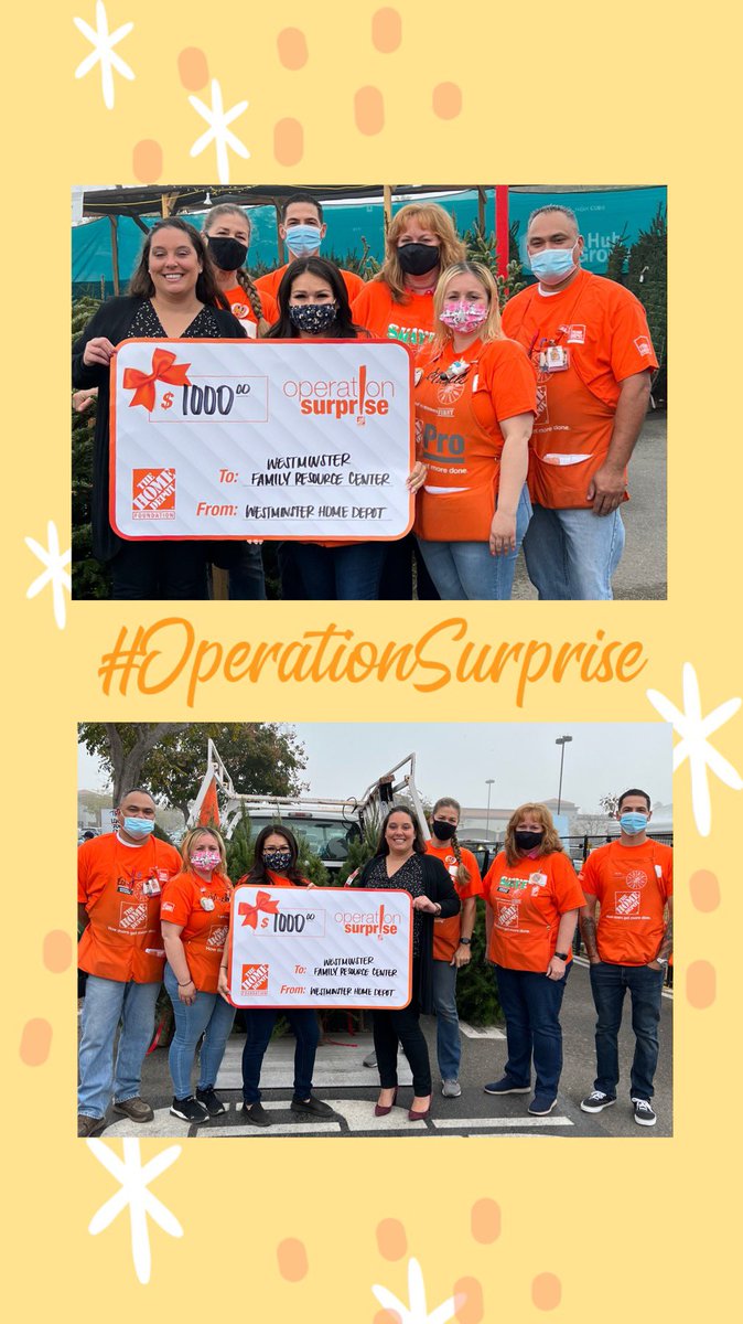 So proud to be able to give back to our community! #OperationSurprise helped us give $1000 to the Westminster Family Resource Center! Happy Holidays! #LivingOurValues #GivingBack <a href="/HomeDepotFound/">The Home Depot Foundation</a> <a href="/kari_hd/">Kari</a> <a href="/sophialuna_HD/">Sophia Luna</a> <a href="/JabarrBean/">Jabarr Bean</a>