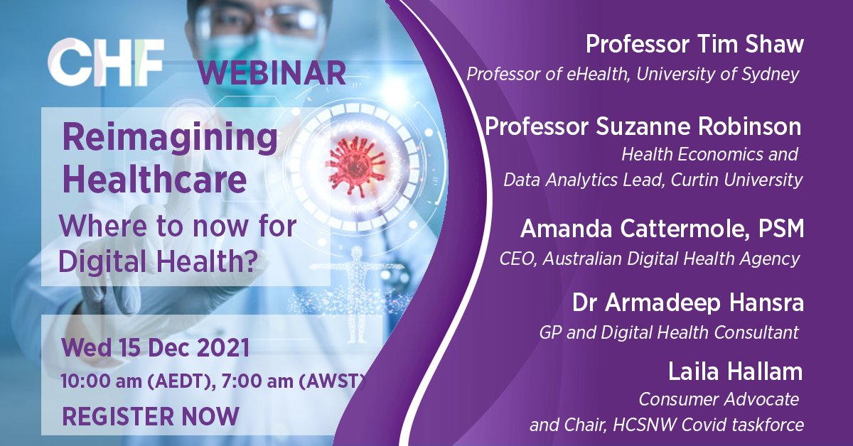 Webinar on consumer insights on telehealth and experiences and views on the future of virtual health care with <a href="/AuDigitalHealth/">Digital Health AU</a> <a href="/CurtinUni/">Curtin University</a> and <a href="/digihealthcrc/">Digital Health CRC</a> - Wed 15 Dec 2021

#digitalhealth #virtualcare #health #healthequity 

chf.org.au/civicrm/mailin…