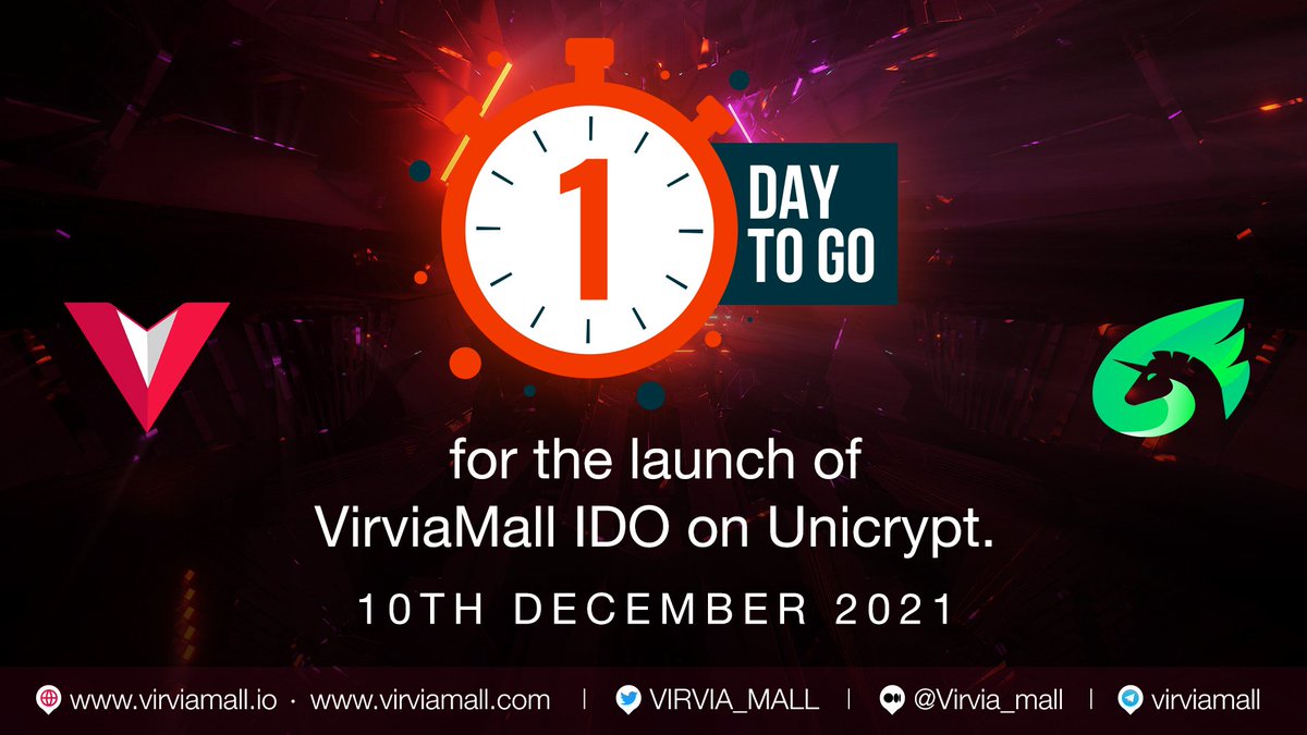 <a href="/VIRVIA_MALL/">VIRVIAMALL</a>!! Just a day to go for the Presale to go live on <a href="/UNCX_token/">UNCX Network</a>  (UniCrypt) for VirviaMall(VMV) which is tomorrow the 10th of December'21. Let's we all get ready!!