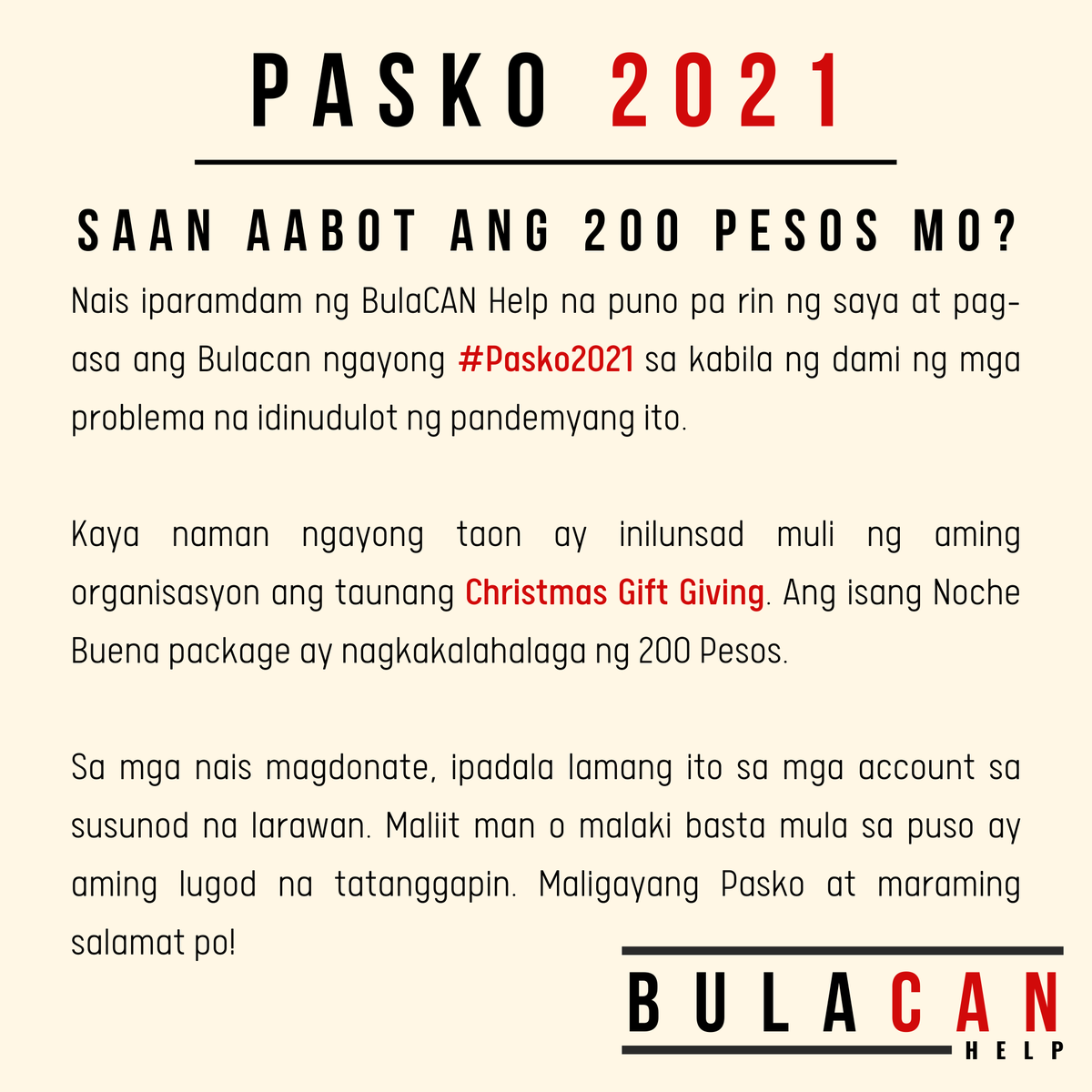 BulaCANHelp's tweet photo. Maligayang Pasko sa ating lahat! ๐
Dahil nalalapit na ang pasko, nais ng BulaCAN Help na ipagdiwang ang panahon ng pagmamahal at pagbibigayan sa pamamagitan ng paglunsad muli ng aming taunang Christmas Gift Giving.
#BulaCANhelp
#Pasko2021 https://t.co/L5DipS4Xdp