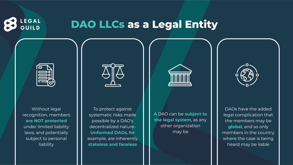 GuildNear's tweet photo. The #DAO wave is sweeping not just the @NEARProtocol community (see: @AstroDao😁) but the #crypto and business worlds in general!

For those beginning a business, company, or startup as a #DAO LLC, keep these factors in mind as most #DAOs are treated as legal entities!👇 https://t.co/Aw3vk0iH1K