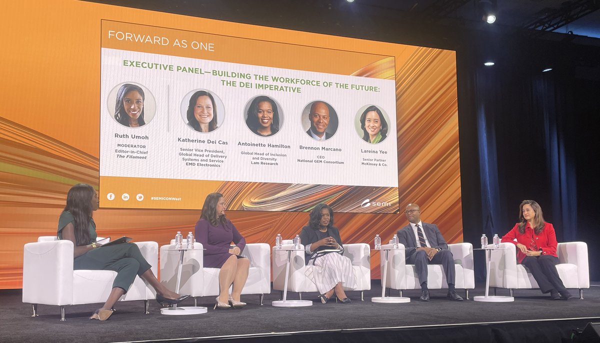 LamResearch's tweet photo. A big thank you to the moderator &amp; panelists who joined our CEO Tim Archer for a critical conversation at the #SEMICONWest DEI Panel Session, Building the Workforce of the Future: The DEI Imperative @ruthumohnews @GEMFellowship @LareinaYee @EMD_Electronics https://t.co/fAf78BlXZU https://t.co/Pga5Amnmj0