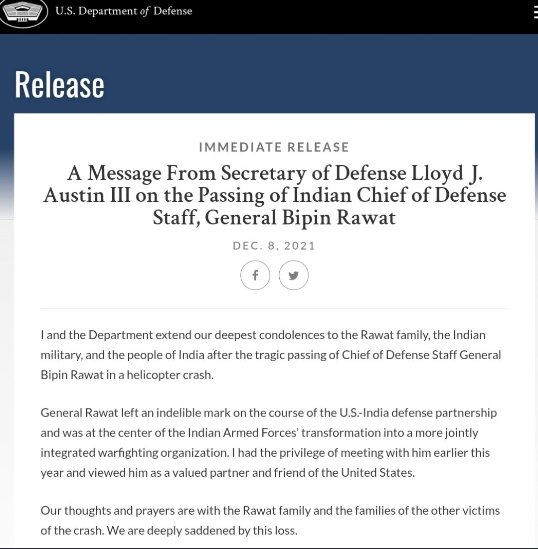 AshishSinghLIVE's tweet photo. "Gen Bipin Rawat left indelible mark on the course of the US-India defense partnership.."
US Secy of Defense offers conolences on passing away of #GeneralBipinRawat his wife &amp; other personnels @USAmbIndia @USAndIndia @ABPNews https://t.co/XIE8T6klxu