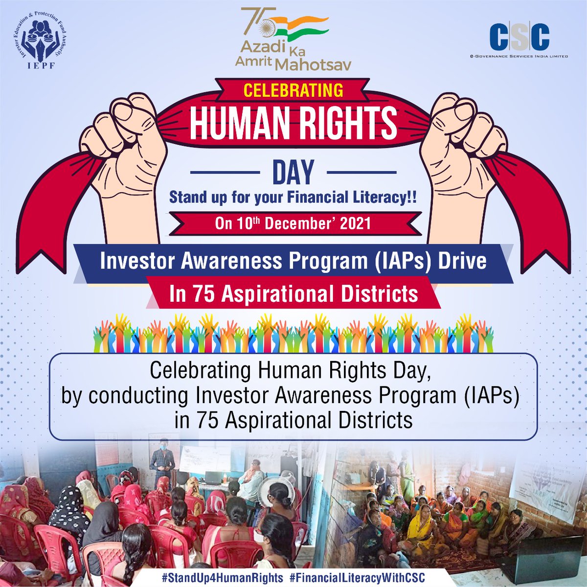 Celebrating Human Rights Day by creating awareness through Investor Awareness drive in 75 Aspirational Districts. <a href="/CSCegov_/">CSCeGov</a>
<a href="/authorityiepf/">IEPFA (Investor Education and Protection Fund)</a>
#AzadiKaAmritMahotsav #StandUp4HumanRights #FinancialLiteracyWithCSC