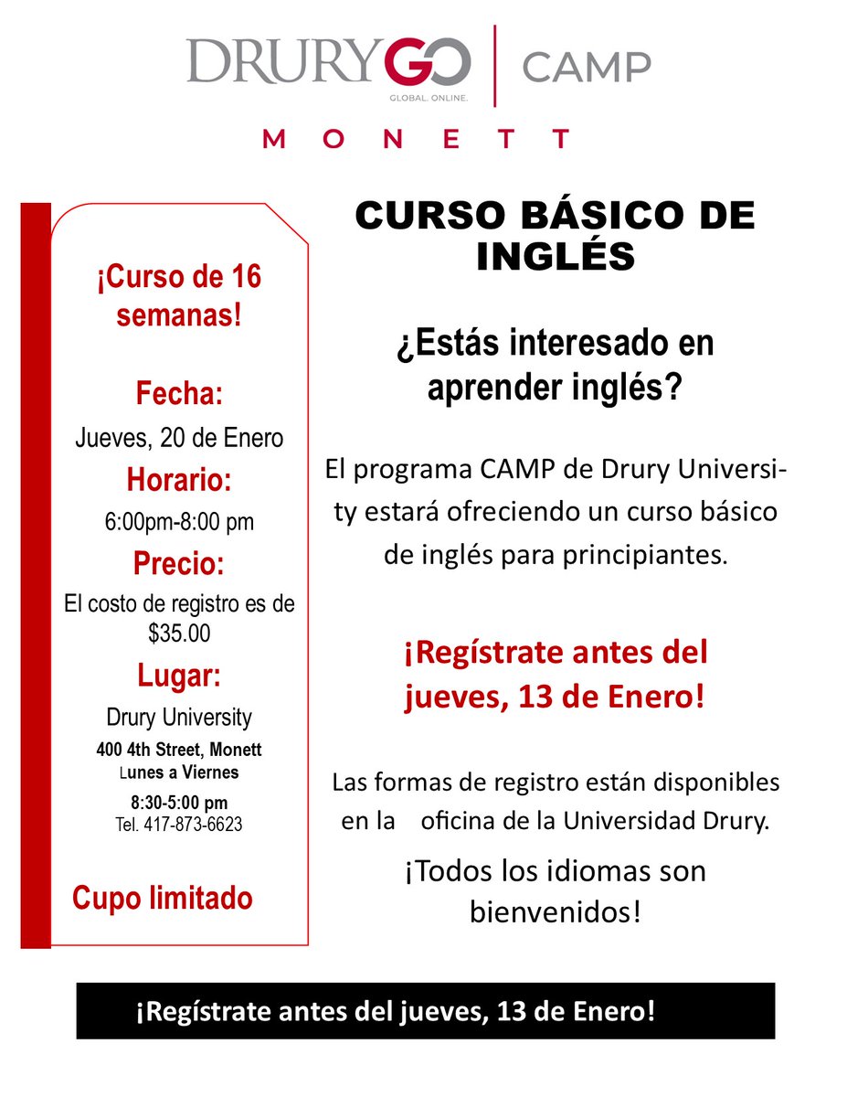 Curso de Inglés Básico
Las clases comienzan el Jueves, 20 de Enero.
Costo $35.00
