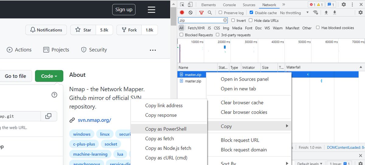 aLilSus's tweet photo. TIL Chrome - Network tab can create properly formatted Web Requests for multiple platforms. 

Seems like a great way to download files to Windows Server. Are there any better use cases that I'm overlooking here? @sloosecannon https://t.co/GTqqxQFmyW