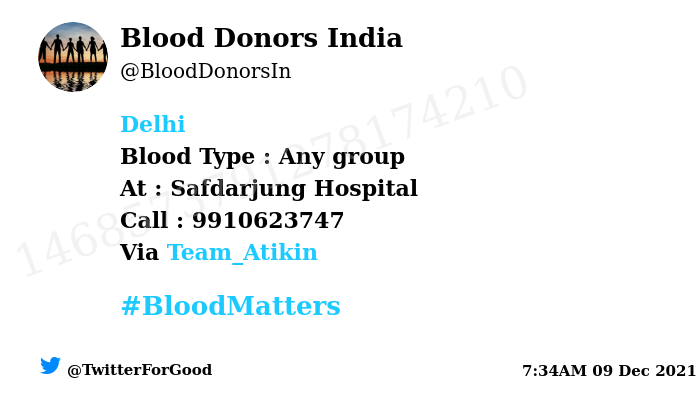 BloodDonorsIn's tweet photo. #Delhi
Need #Blood Type :  Any group
Blood Component : 1 unit SDP &amp; 5 units PRBC
Number of Units : 6
Primary Number : 9910623747
Secondary Number : 9811434857
Patient : Sanjay Joshi
Illness : Cancer
Via: @Team_Atikin
#BloodMatters
Powered by Twitter https://t.co/DwYR0ezAwV