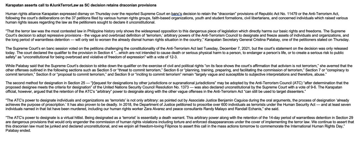 <a href="/anjocalimario/">Anjo Cagmat Alimario</a> <a href="/OlaliaEdre/">Edre Olalia</a> Human rights group Karapatan expresses dismay over SC’s decision to “retain the draconian” provisions of ATA. 

SecGen Tinay Palabay: SC’s decision to adopt repressive provisions… will only set to worsen the already dismal human rights situation in the country | <a href="/anjocalimario/">Anjo Cagmat Alimario</a>
