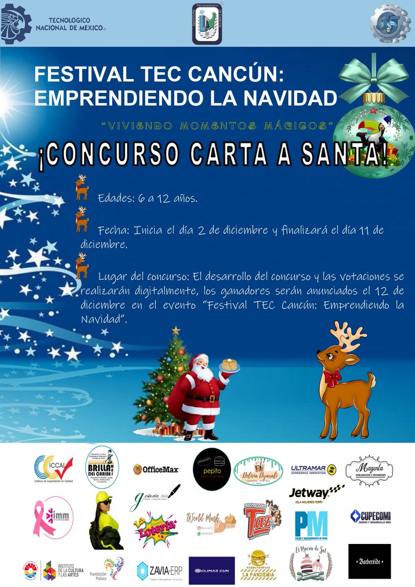 sq_andrea (@sq_andrea21) on Twitter photo CONCURSO CARTA A SANTA! 🎅🏼🎄📜
¡Es momento de echar a andar tu imaginación y demostrar tu talento!
Checa las bases ⬇️⬇️
facebook.com/10134892905059…
<a href="/festivaltec2021/">Festival Tec Cancún</a> <a href="/omaralpuche/">omar alpuche leal</a> <a href="/TecNM_Cancun/">@TecNM_Cancun</a>
<a href="/AytoCancun/">Ayto Benito Juárez</a> <a href="/CesaCampusC/">CESA Campus Cancún</a> CONCURSO CARTA A SANTA! 🎅🏼🎄📜
¡Es momento de echar a andar tu imaginación y demostrar tu talento!
Checa las bases ⬇️⬇️
facebook.com/10134892905059…
<a href="/festivaltec2021/">Festival Tec Cancún</a> <a href="/omaralpuche/">omar alpuche leal</a> <a href="/TecNM_Cancun/">@TecNM_Cancun</a>
<a href="/AytoCancun/">Ayto Benito Juárez</a> <a href="/CesaCampusC/">CESA Campus Cancún</a>
