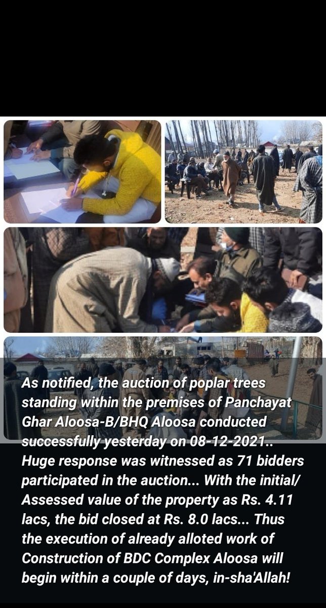 AloosaBlock's tweet photo. Const. of BDC Complex Aloosa will commence soon with an Est. cost of 97 lacs. Auction proceedings of poplar trees standing on the identified land completed with an immense response of 71 bidders closing the bid at Rs. 8.0 lacs against an initial/Assessed value of Rs. 4.11 lacs https://t.co/8siQotn0sm