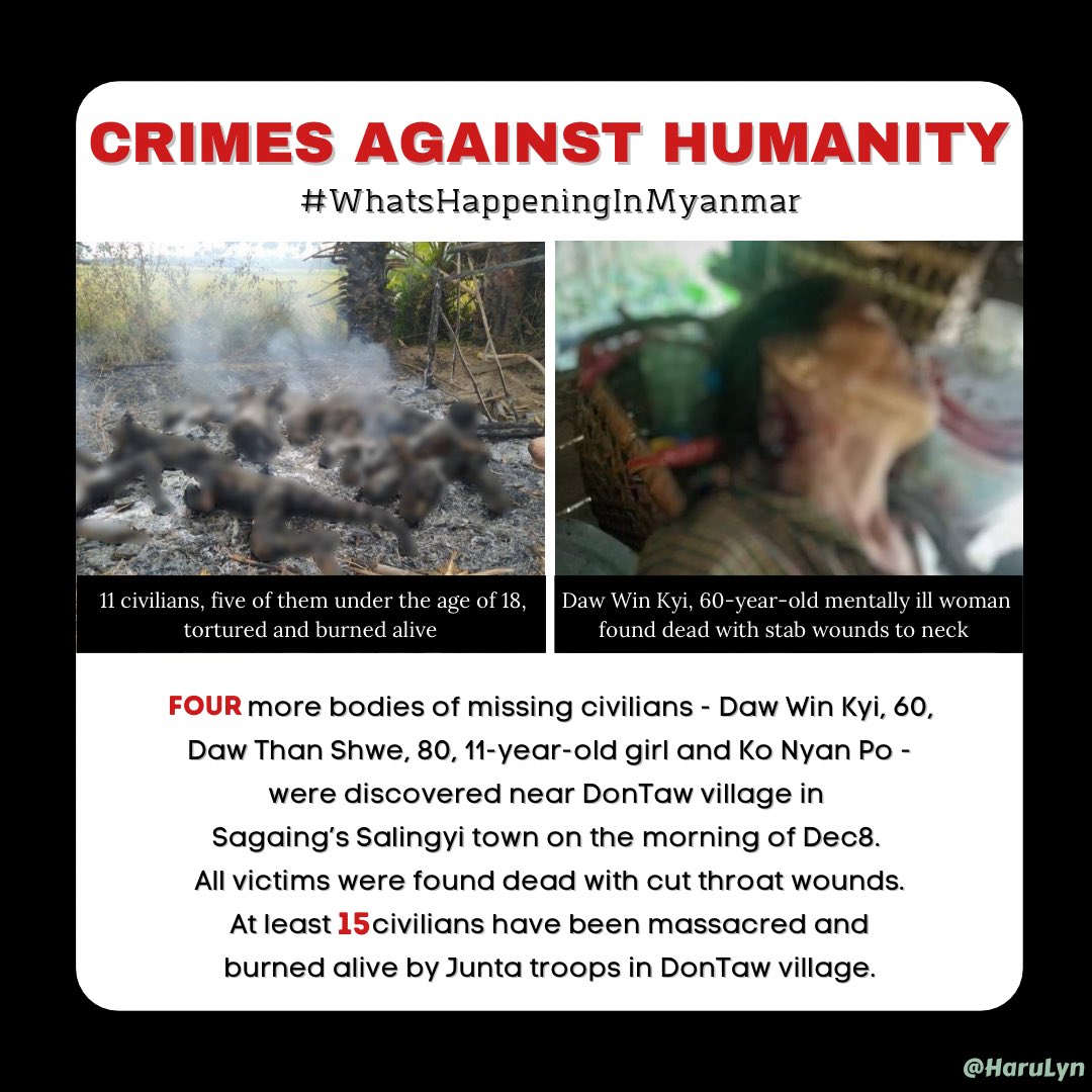 4 more bodies of civilians - Ko Nyan Po,Daw Win Kyi (60),Daw Than Shwe (80) &amp; 11yo girl - bearing CUT THROAT wounds were found on Dec8 at DonTaw vlg in #Sagaing’s #Salingyi town where 11 ppl burnt alive. At least 15 ppl hv been massacred by Junta troops.
#WhatsHappeningInMyanmar