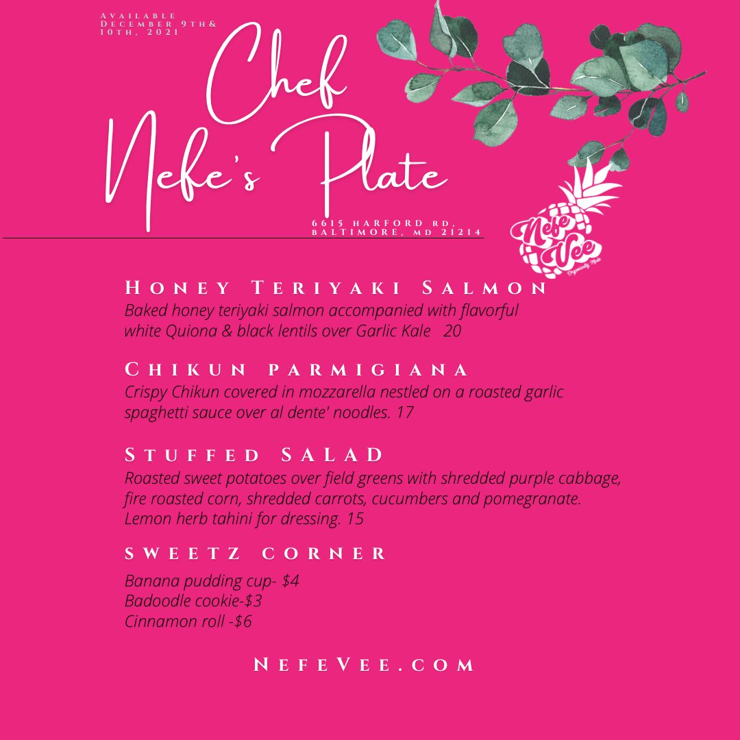 VeeNefe's tweet photo. I hope you guys are ready for tomorrow!! So many great things in store ! Bmore made with pride café opens also ! 
6615 harford rd 
Menu available 12-5
Friday 1-6! Come meet Chef ! #repost #BlackOwnedBusiness https://t.co/Lu9Z7h4zXG