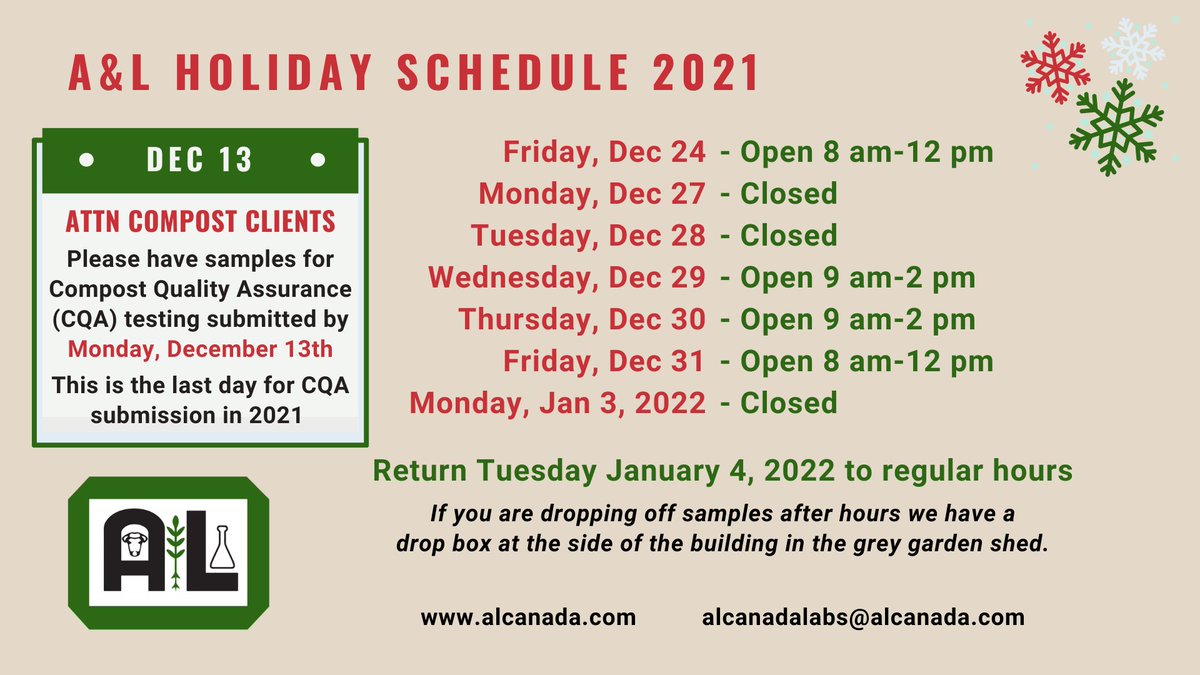 ATTENTION Compost Clients:

Please have samples for Compost Quality Assurance (CQA) testing submitted by Monday, December 13th! This is the last day for CQA submission in 2021