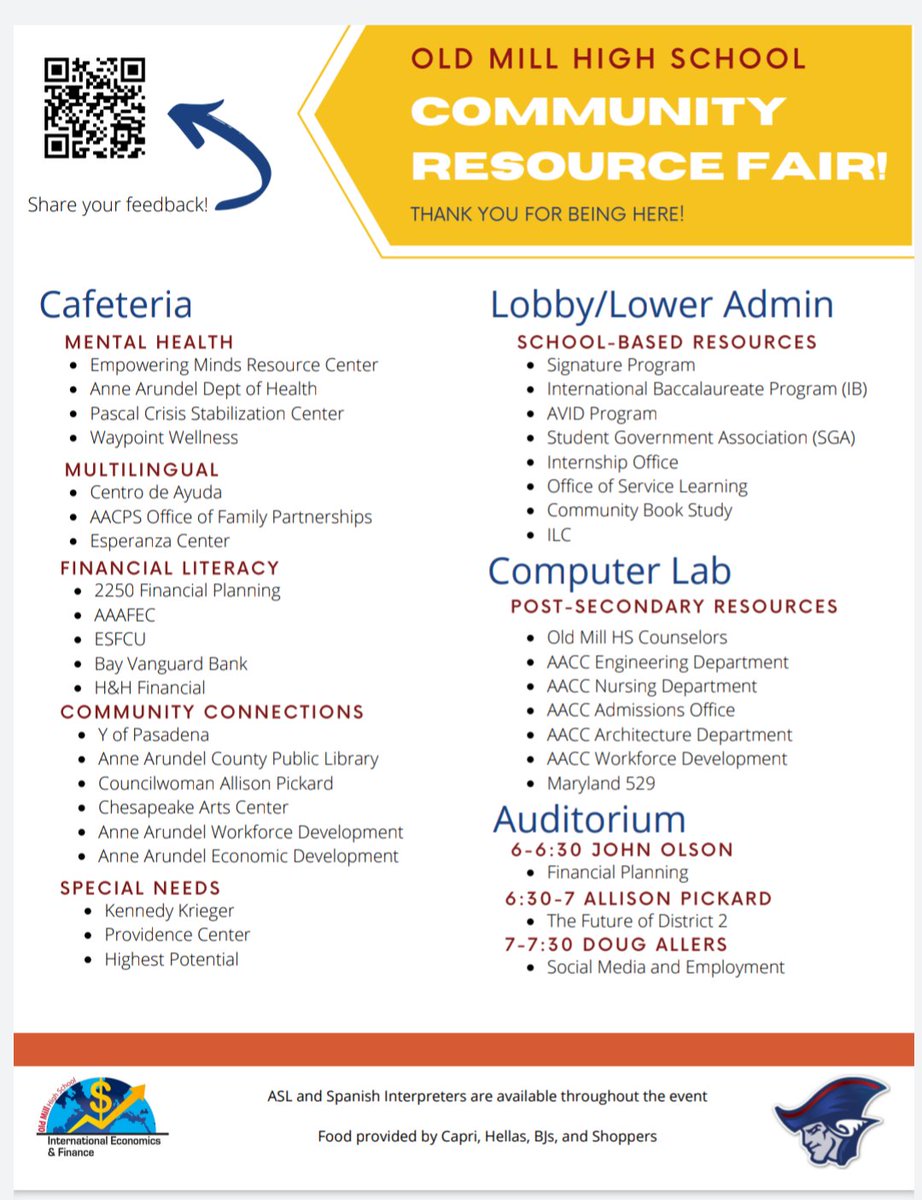 OMHSSigAACPS's tweet photo. Program is set, speakers are prepped, pizza is ordered, and partners are excited for the Community Resource Fair! See you there! @OldMillHSAACPS @AvidOldmill @OMHSEnglish @oldmillpatriots @OMPatriotPride @omhspatriotptsa @OMHS_IB @OMSocialStudies @OMHSMathDpt @WclOmhsKSpence https://t.co/Xy1KtV81la