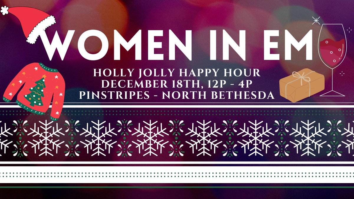 MissAshes92's tweet photo. Last #WomenInEM of 2021 before we kick off more events in 2022!
-Preparedness Themed White 🐘 Gift Exchange
-Ugly Sweater Contest
-Laughs and professional support
See ya at Pinstripes - Bethesda!
Can't wait to see old friends and meet new ones. It's so fun to meet #EMGTwitter! https://t.co/qEnG7SipSx