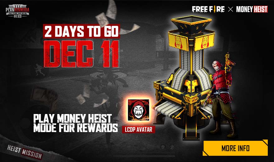 IndiaFreeFire's tweet photo. The Money Heist Mode is going to be available on December 11!💰

Call up your squad, capture the points and print cash to take victory home! Tag your squadmates below to tell them about the new mode!👇🏻

#FreeFirexLCDP5 #FreeFirexMoneyHeist #PlanBermuda #FreeFire #Booyah https://t.co/Z2zstKnptP