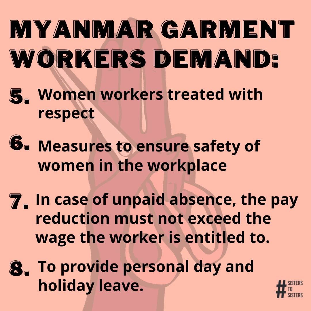 sis2sisMM's tweet photo. What do Myanmar workers want? Here's a list of their demands. 

To read them is to know what kind of abuse they face regularly. 

They deserve far better.

#FightLikeAGarmentWorker
#WhatsHappeninginMyanmar
#WhoMadeMyClothes
#PayHer
#EndWageTheft
#16days
#16daysofactivism https://t.co/pfD1uj6SEt